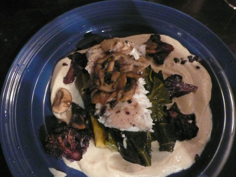 Baked Alaskan Halibut marinated in Kalamata Olives, Sundried Tomatos, Anchovy Paste and Garlic Tier 5 Sauteed Wild Mushrooms